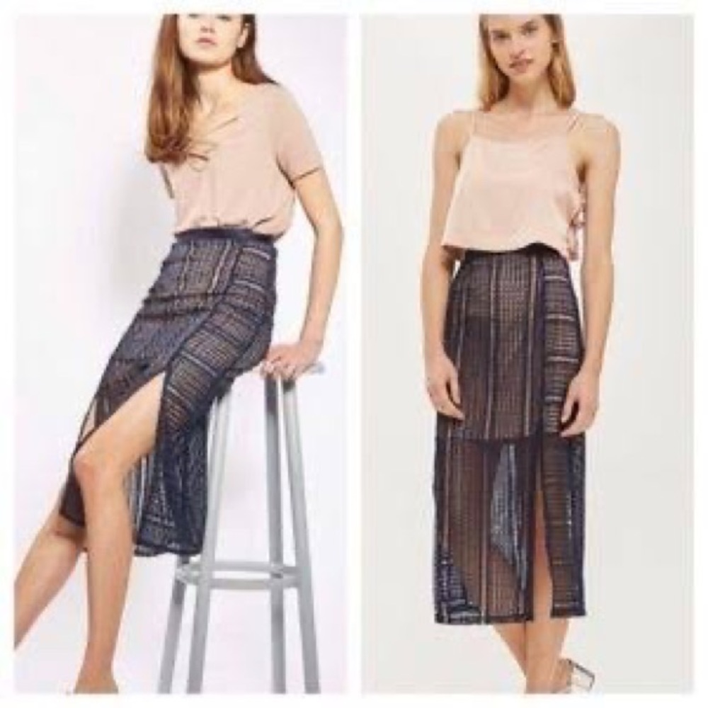 Topshop Navy Knit Skirt with Nude Underlay